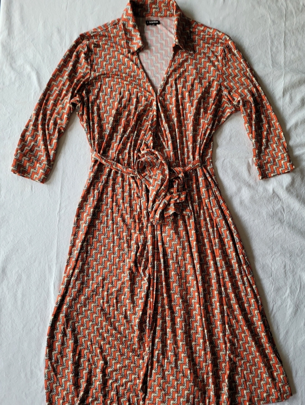 J Peterman Midi Orange Chevron Wrap Dress Size 12